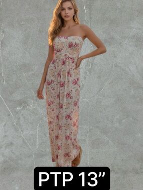 ✅Strapless Floral Maxi Dress in Cream and Red